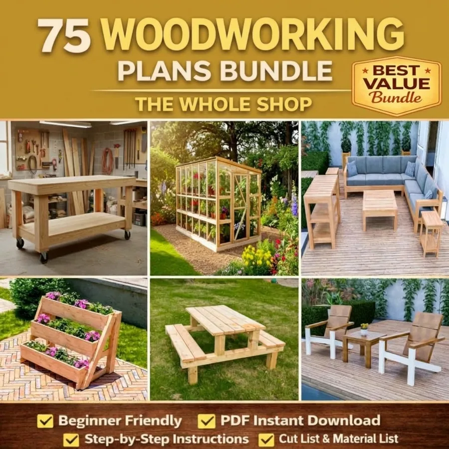 Cover of the 75 woodworking plans bundle showing a rolling workbench, greenhouse, patio sofa set, tiered planter, picnic table and patio chairs